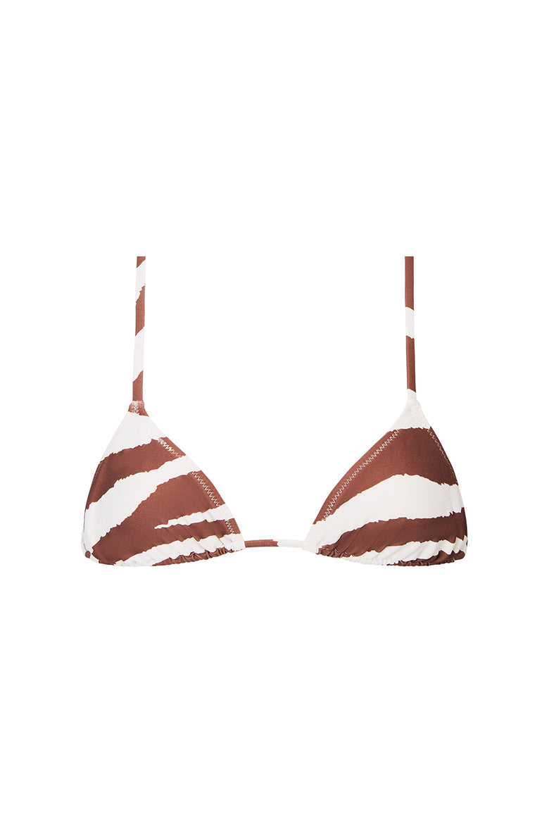 triangle bikini top with string straps in brown and white animal prrint striped pattern.