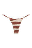 low-rise bikini bottom with minimal back coverage in white and brown striped animal print.