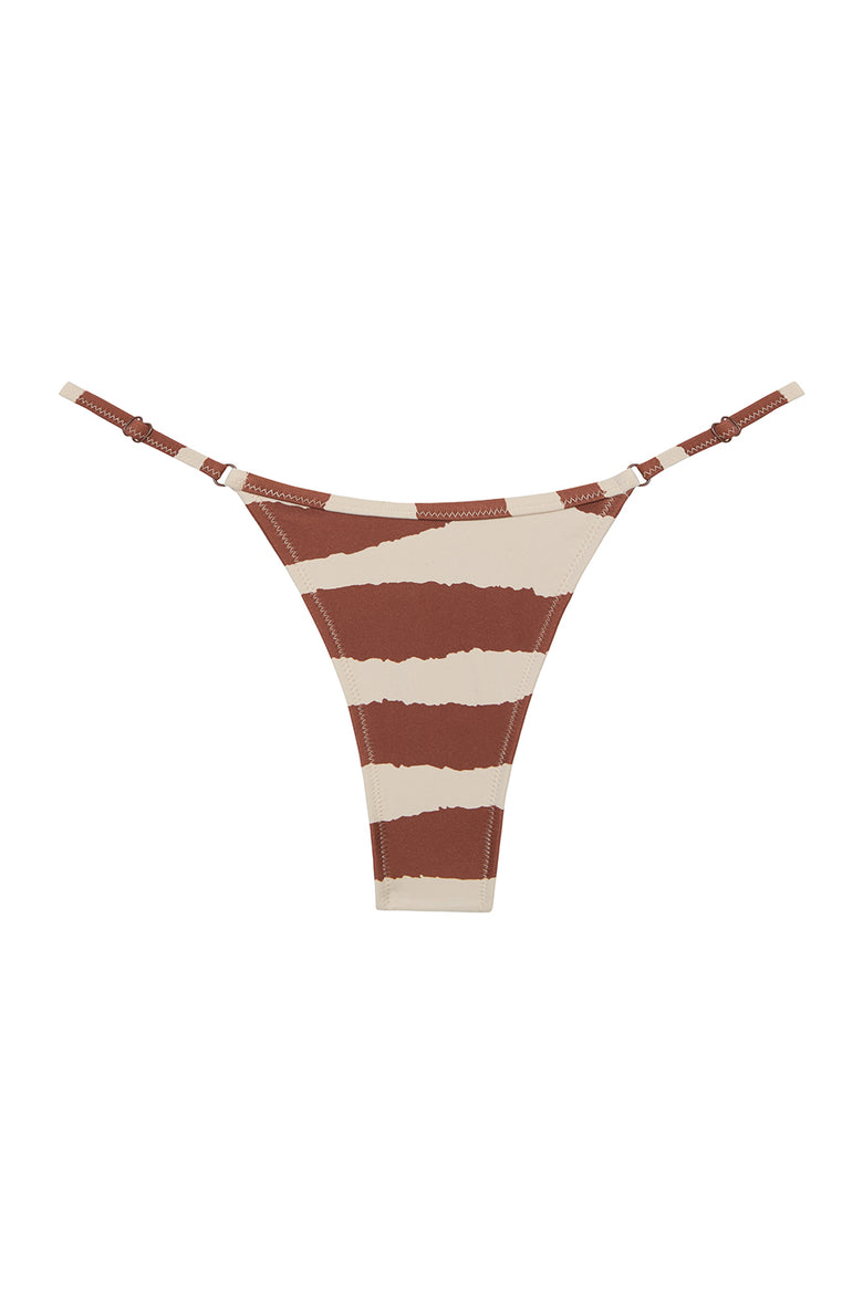 low-rise bikini bottom with minimal back coverage in white and brown striped animal print.