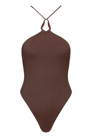 teardrop one piece in coffee lurex