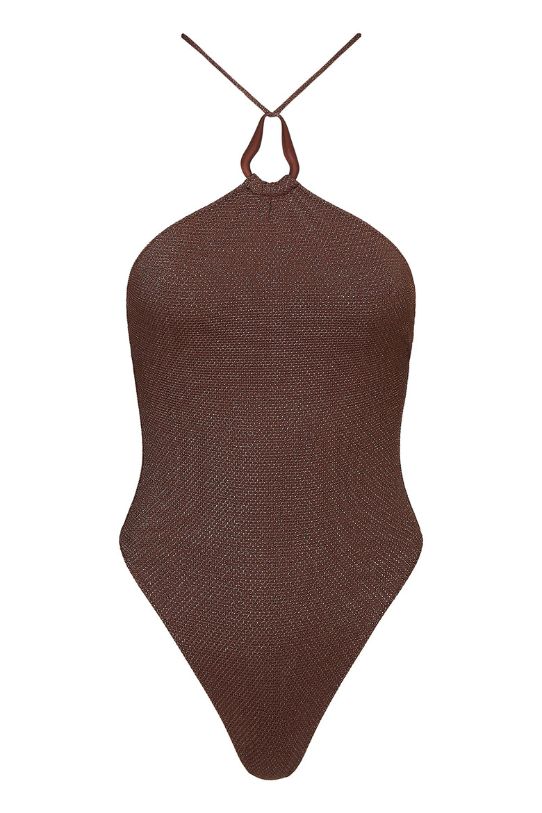 teardrop one piece in coffee lurex