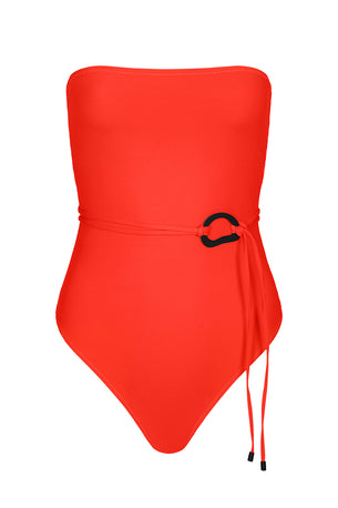 orb strapless one piece in tomato soft compression