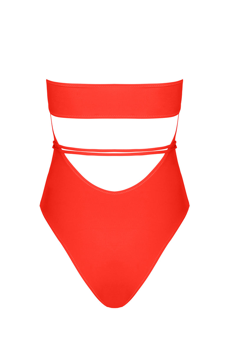 orb strapless one piece in tomato soft compression