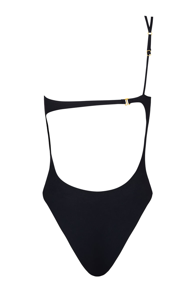 celeste asymmetrical one piece in black compression