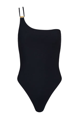 celeste asymmetrical one piece in black compression