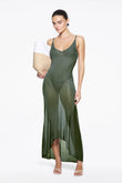 Women's semi-sheer, strappy dress in engineered rib to fit and flare in dark green. features low scoop V neck and a flattering hemline cut shorter in the front.