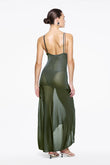 Women's semi-sheer, strappy dress in engineered rib to fit and flare in dark green. features low scoop V neck and a flattering hemline cut shorter in the front.