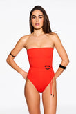 orb strapless one piece in tomato soft compression