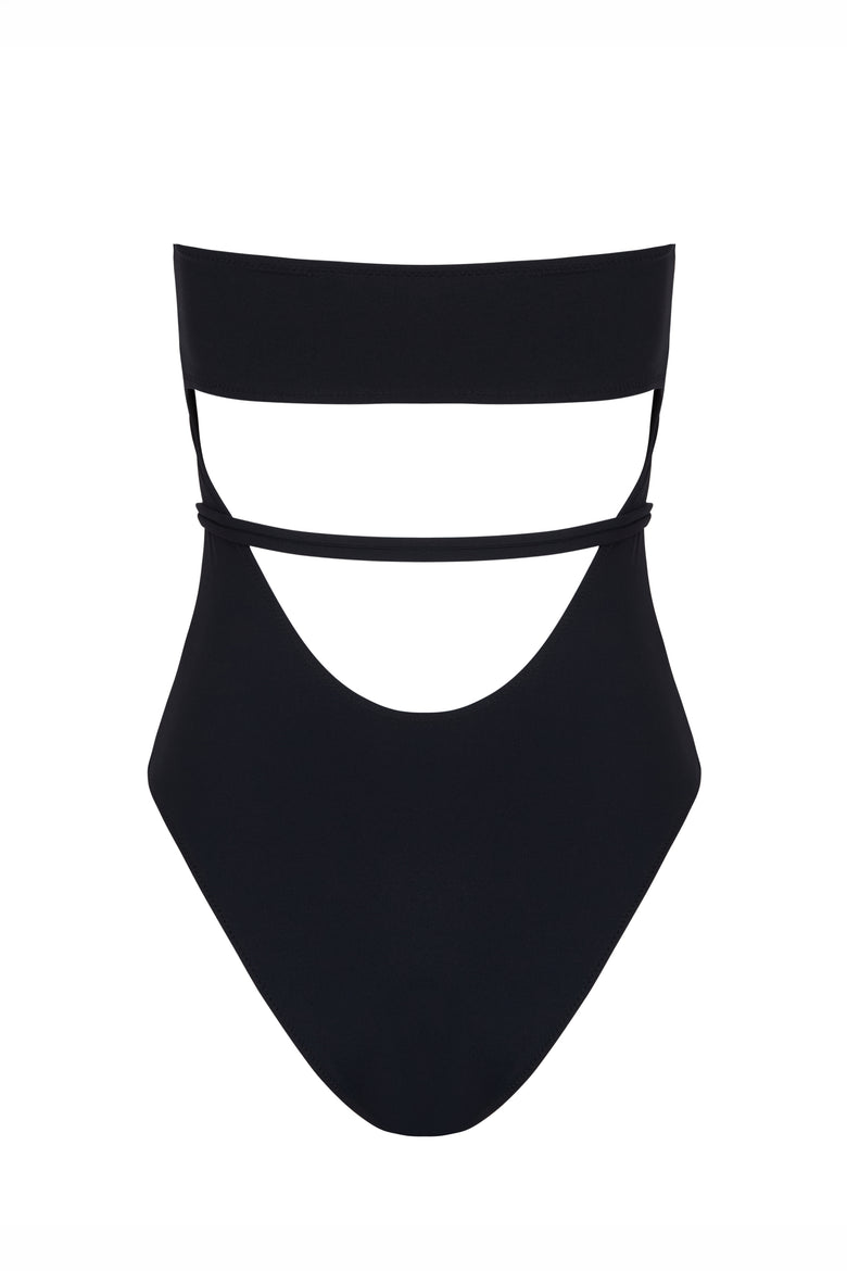 orb strapless one piece in black soft compression