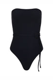 orb strapless one piece in black soft compression