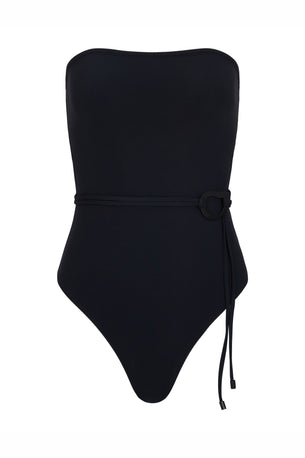 orb strapless one piece in black soft compression