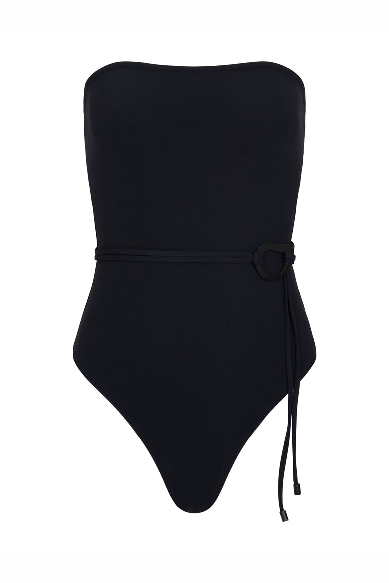 orb strapless one piece in black soft compression
